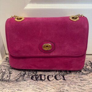Gucci Pink Suede Shoulder Bag with Two-Way Gold Chain Strap